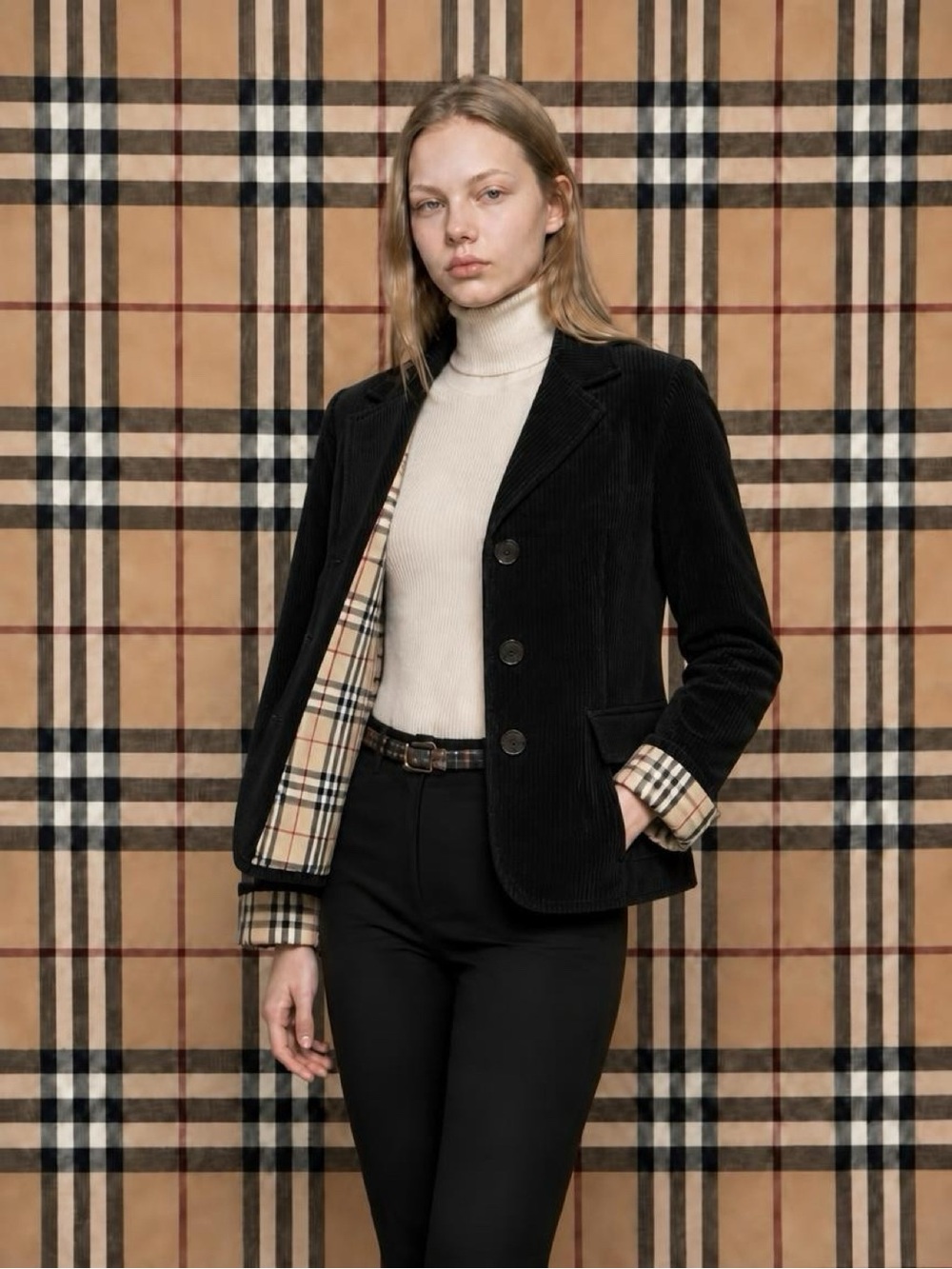 Burberry Black Corduroy Blazer with Signature Check Lining